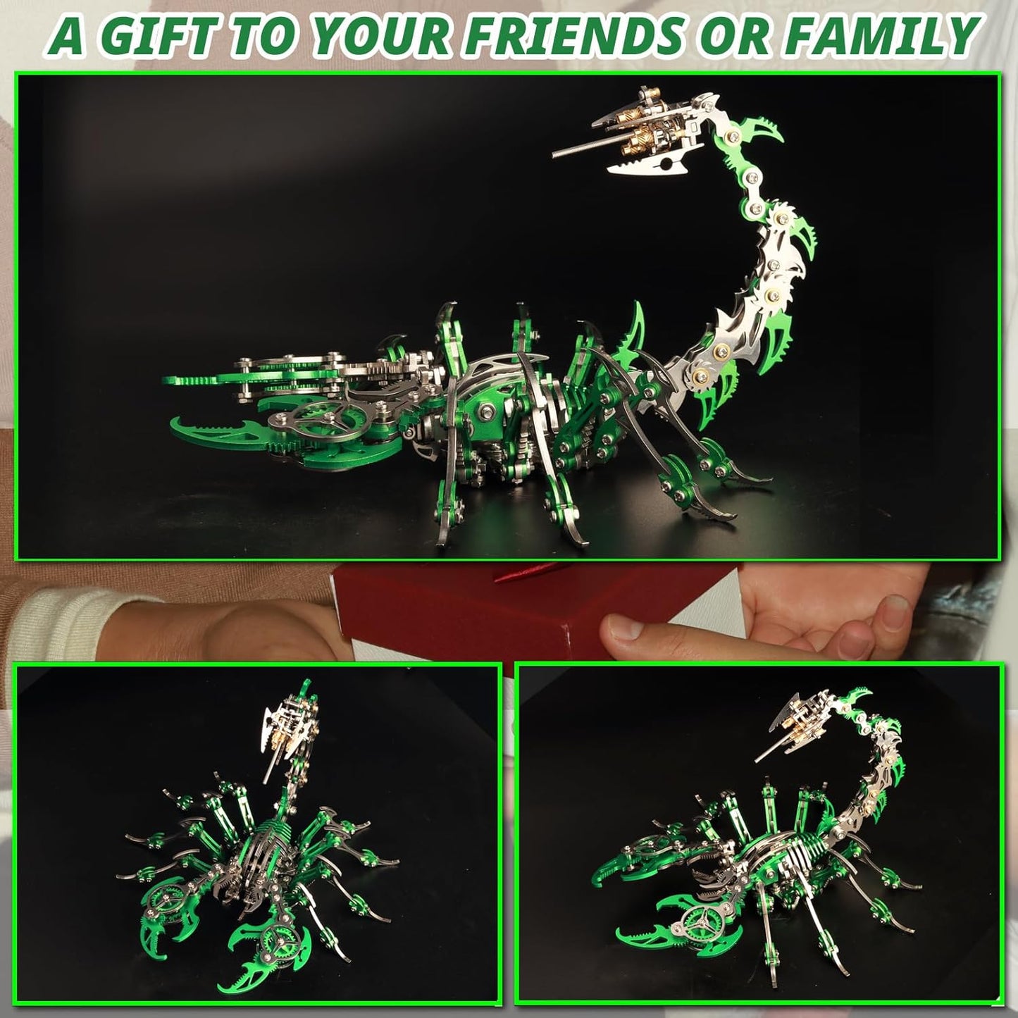 PuzzlerLab Green Mechanical Scorpion | 414-Piece Advanced 3D Metal Model Kit