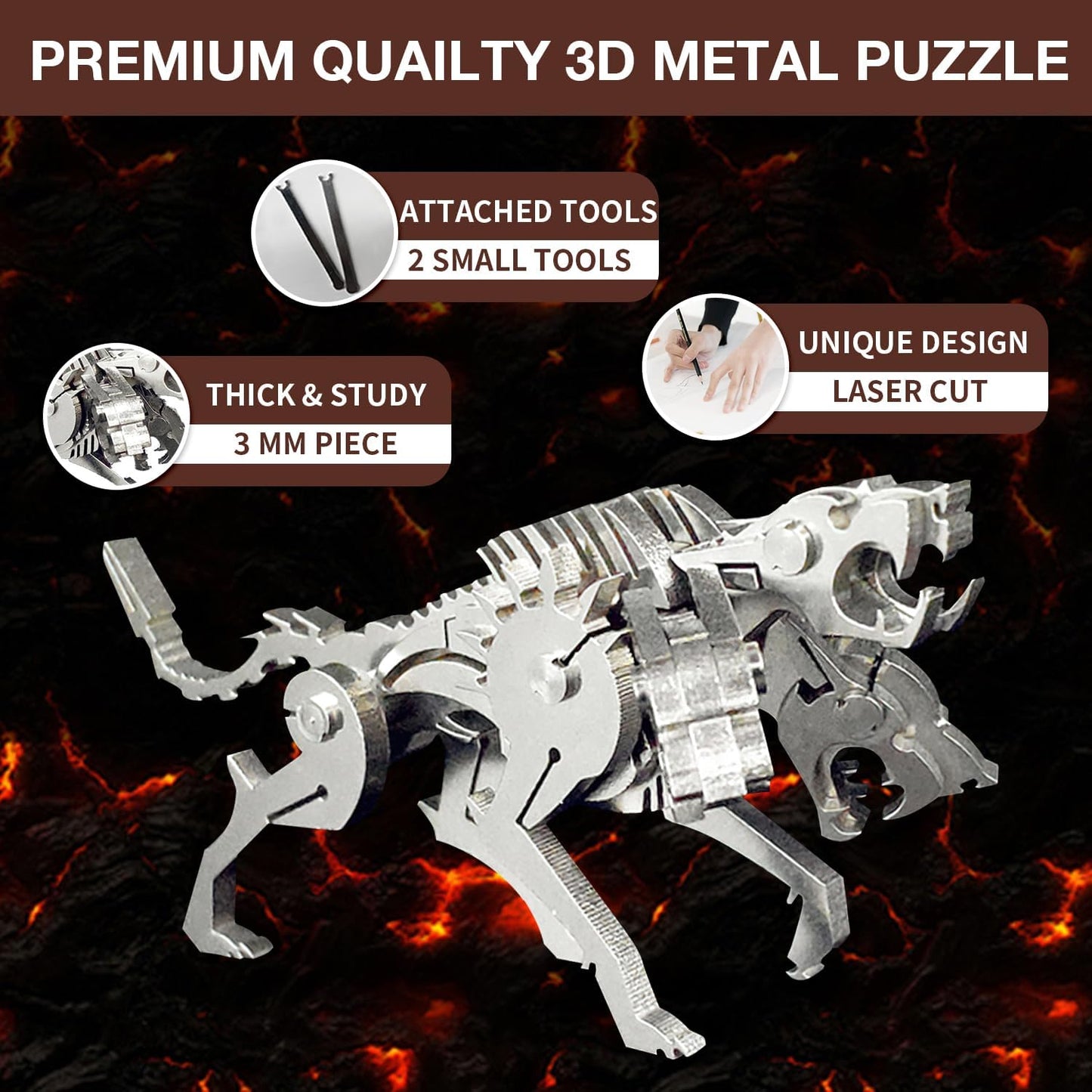 PuzzlerLab Mechanical Cerberus | 3D Metal Puzzle & Mythical Guardian Kit
