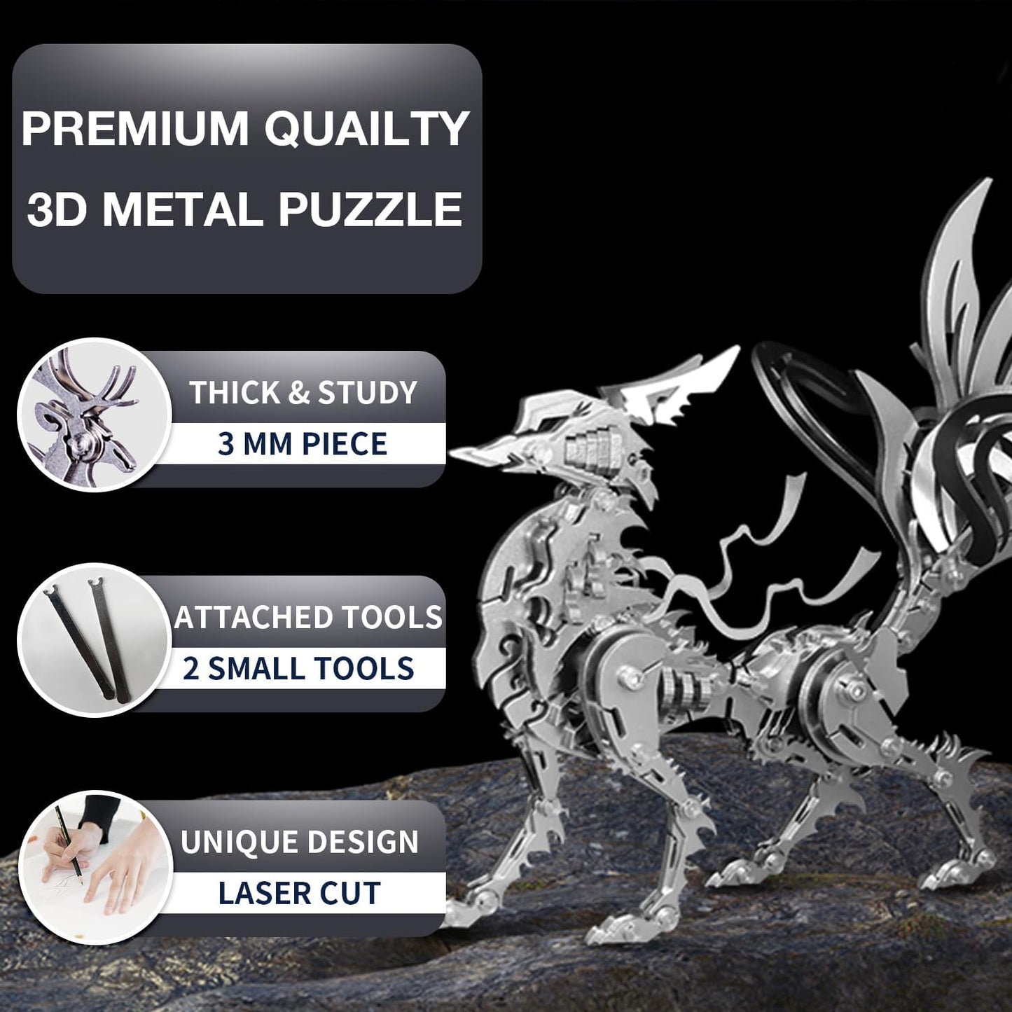 PuzzlerLab Nine-Tailed Fox 3D Metal Puzzle | Mythical Creature Model Kit