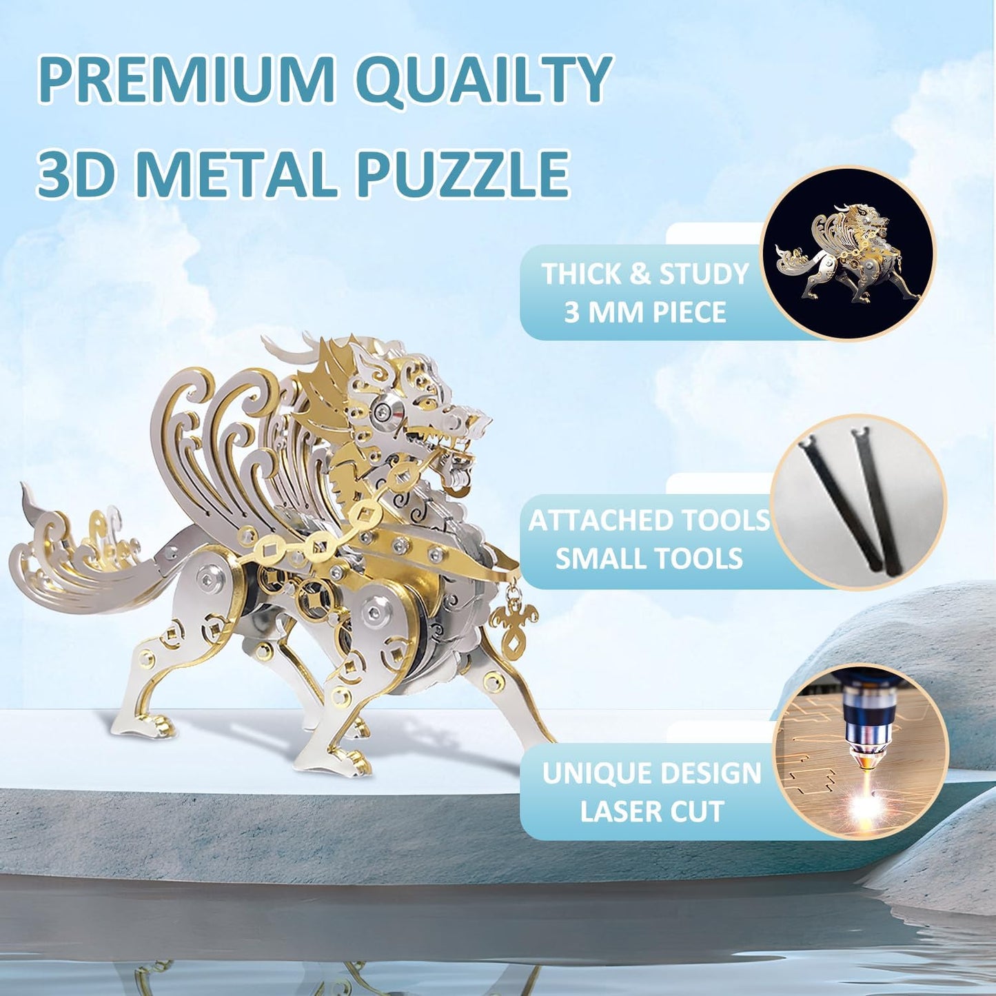 PuzzlerLab Large Golden Pixiu | 3D Metal Model Kit & Statement Piece