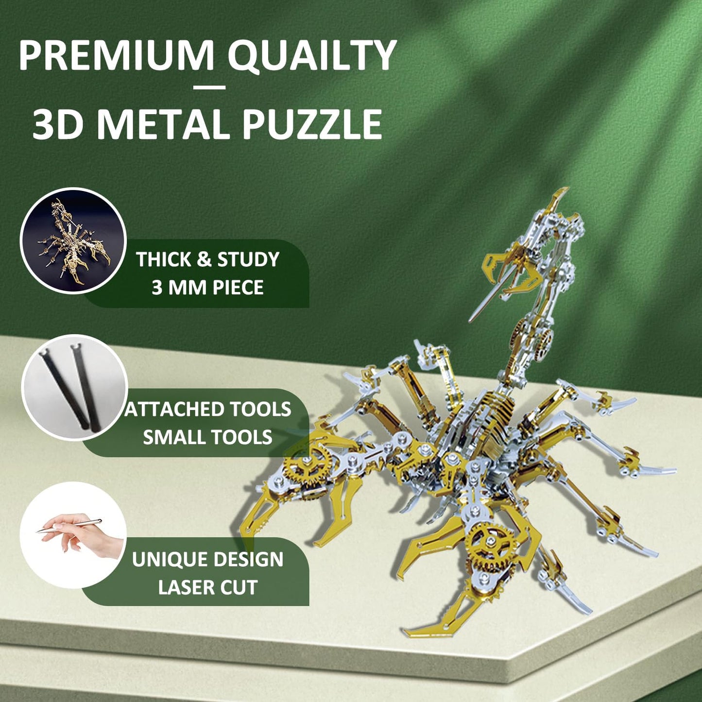 PuzzlerLab Golden Scorpion 3D Metal Model Kit | 400+ Piece Advanced DIY Kit
