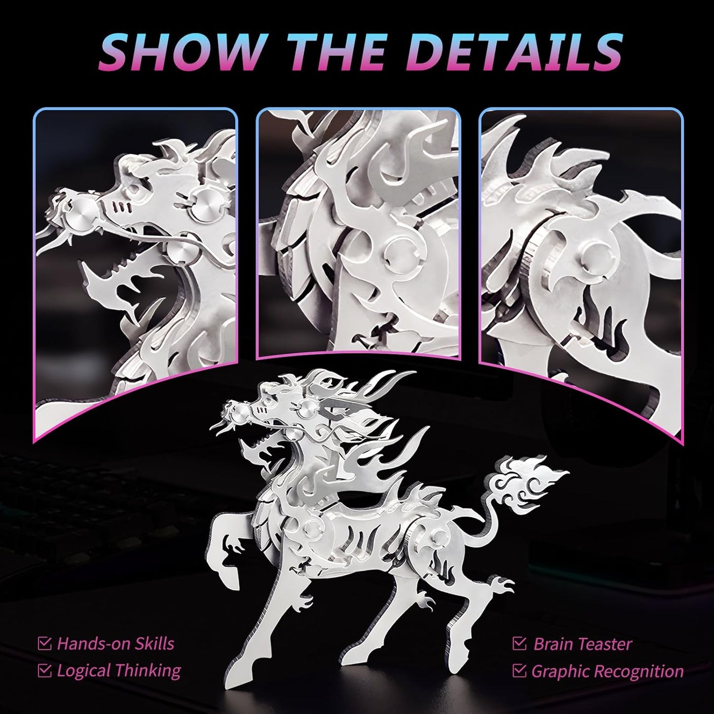 PuzzlerLab Small Flaming Kirin | 3D Metal Puzzle & Mythical Collectible