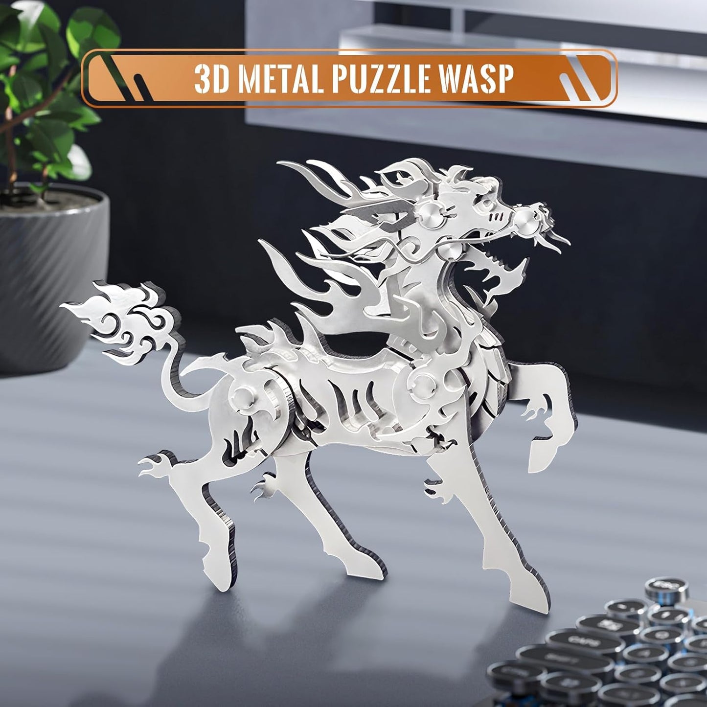 PuzzlerLab Small Flaming Kirin | 3D Metal Puzzle & Mythical Collectible