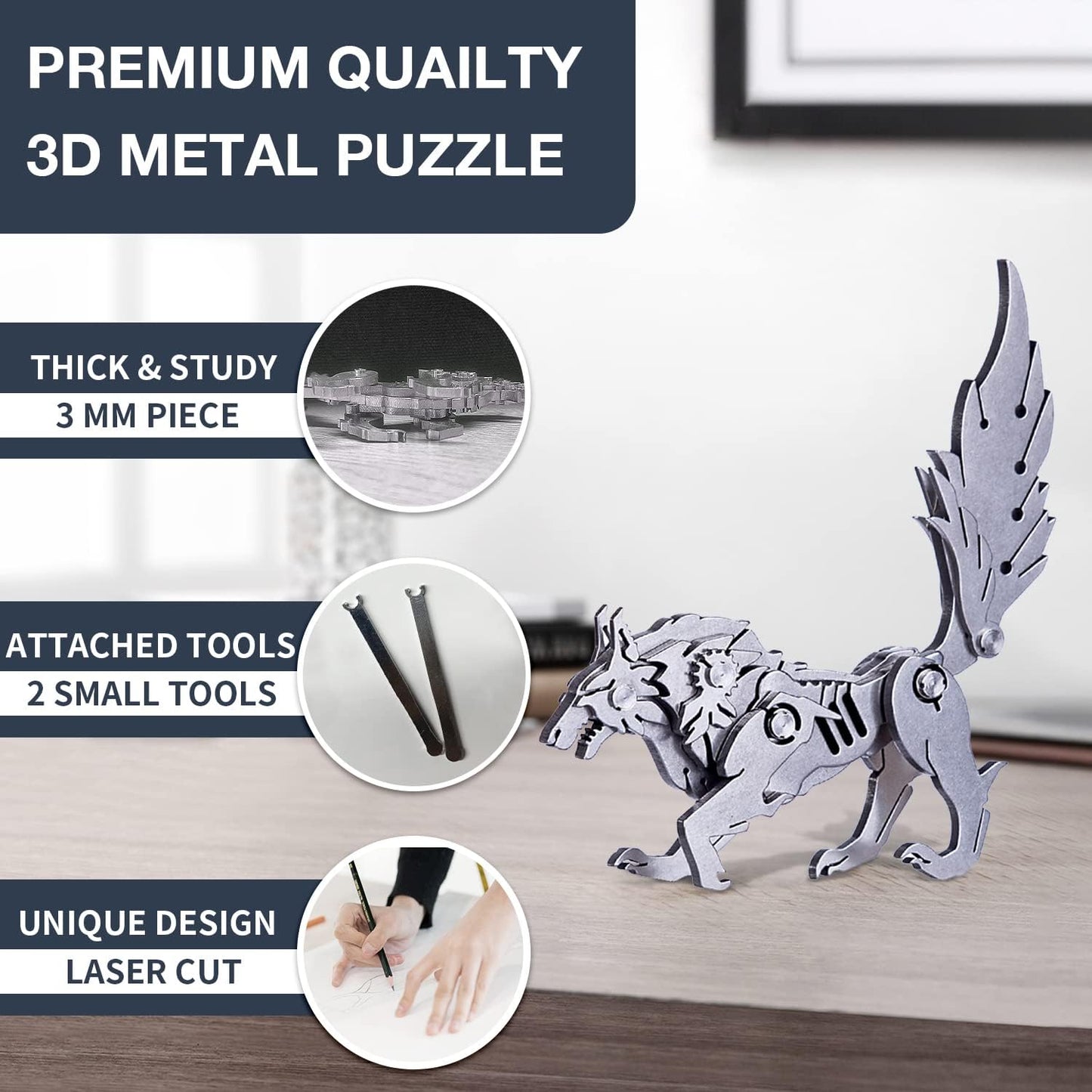 PuzzlerLab Mechanical Wolf 3D Metal Puzzle | DIY Project & Collectible Figure