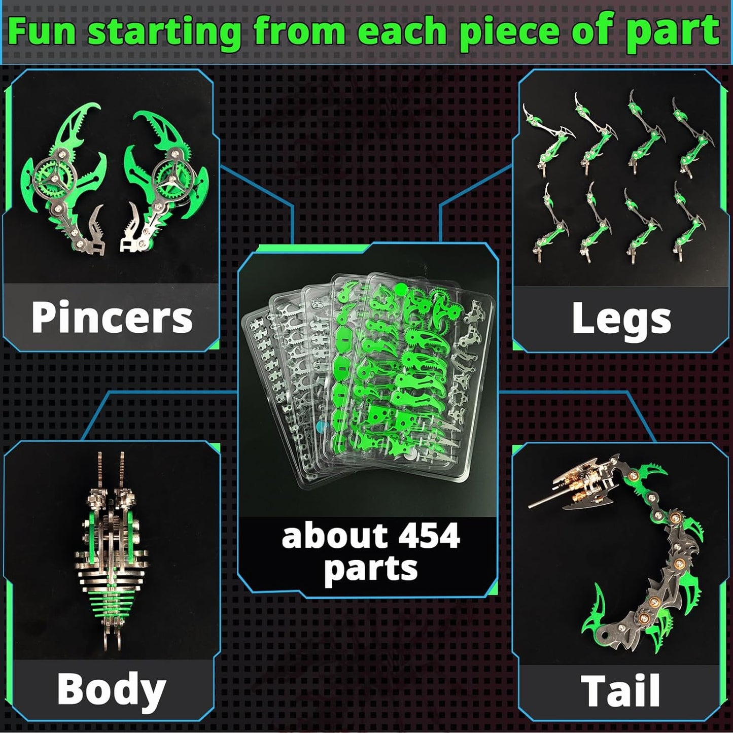 PuzzlerLab Green Mechanical Scorpion | 414-Piece Advanced 3D Metal Model Kit