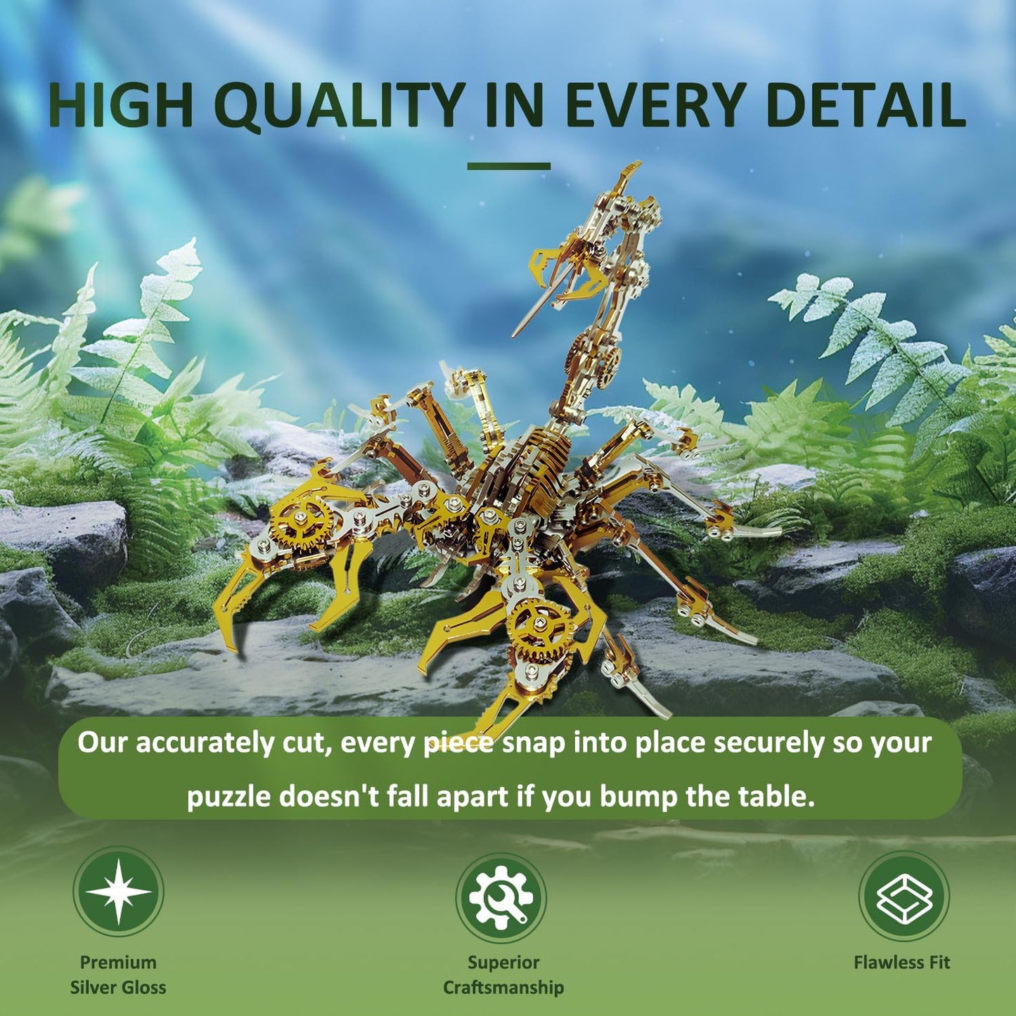 PuzzlerLab Golden Scorpion 3D Metal Model Kit | 400+ Piece Advanced DIY Kit